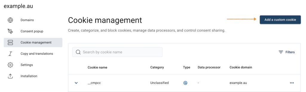 Add a custom cookie in Cookie Information Cookie management section
