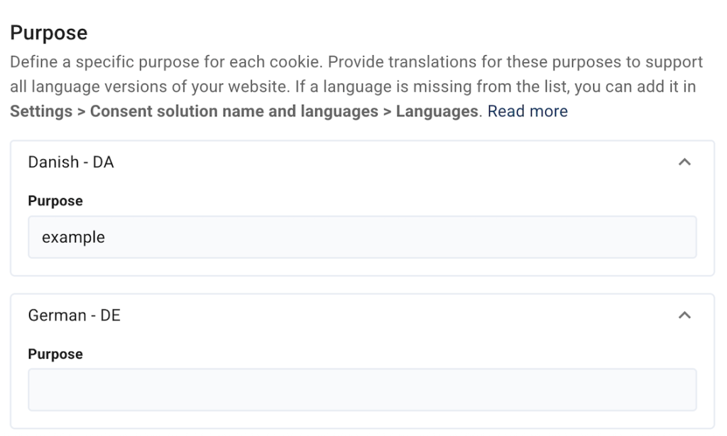 setting up cookie purpose in Cookie Information