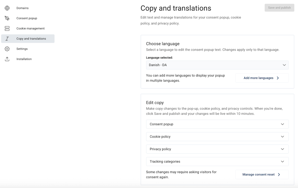 Copy and translations view in Cookie Information

