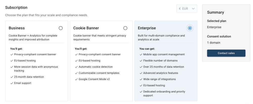 Selecting Enterprise plan in Cookie Information CMP