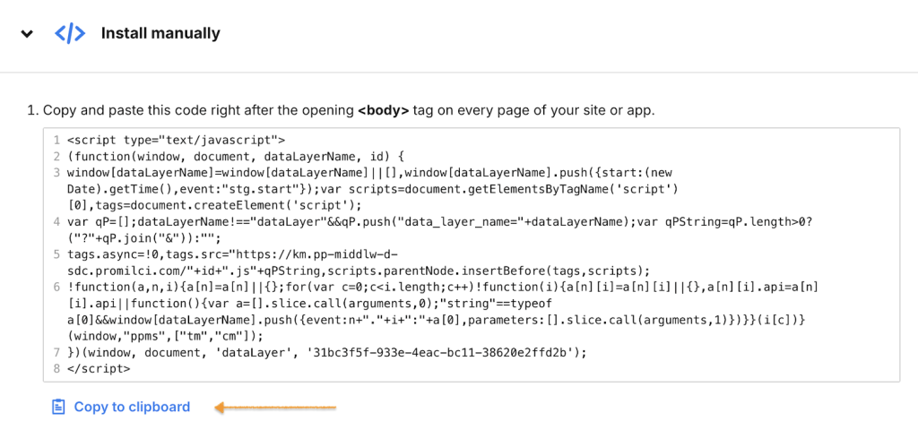 Copy Piwik PRO tracking code to install it