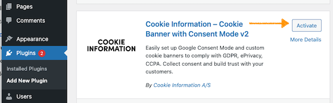 activate Cookie Information WP plugin