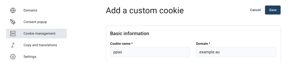 cookie name and domain field in adding a custom cookie