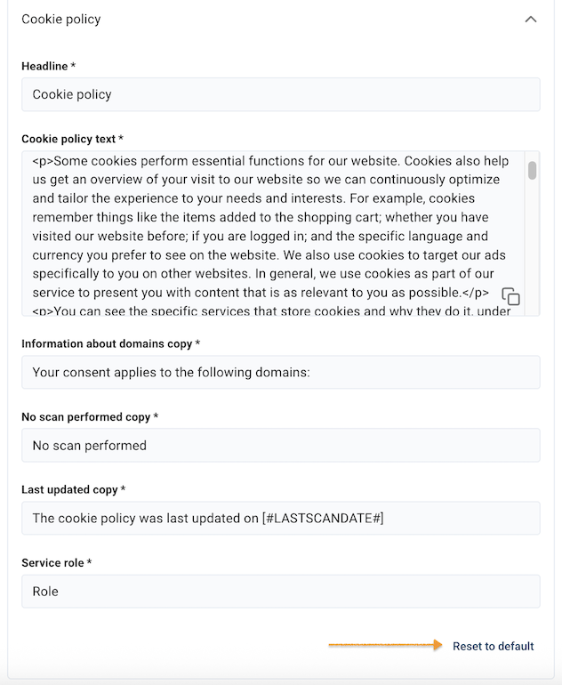 Resetting a cookie policy in Cookie Information settings