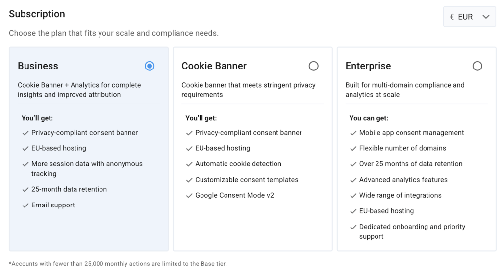 Chosing a Business plan after a trial in Cookie Information