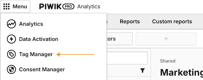 tag manager in piwik pro menu