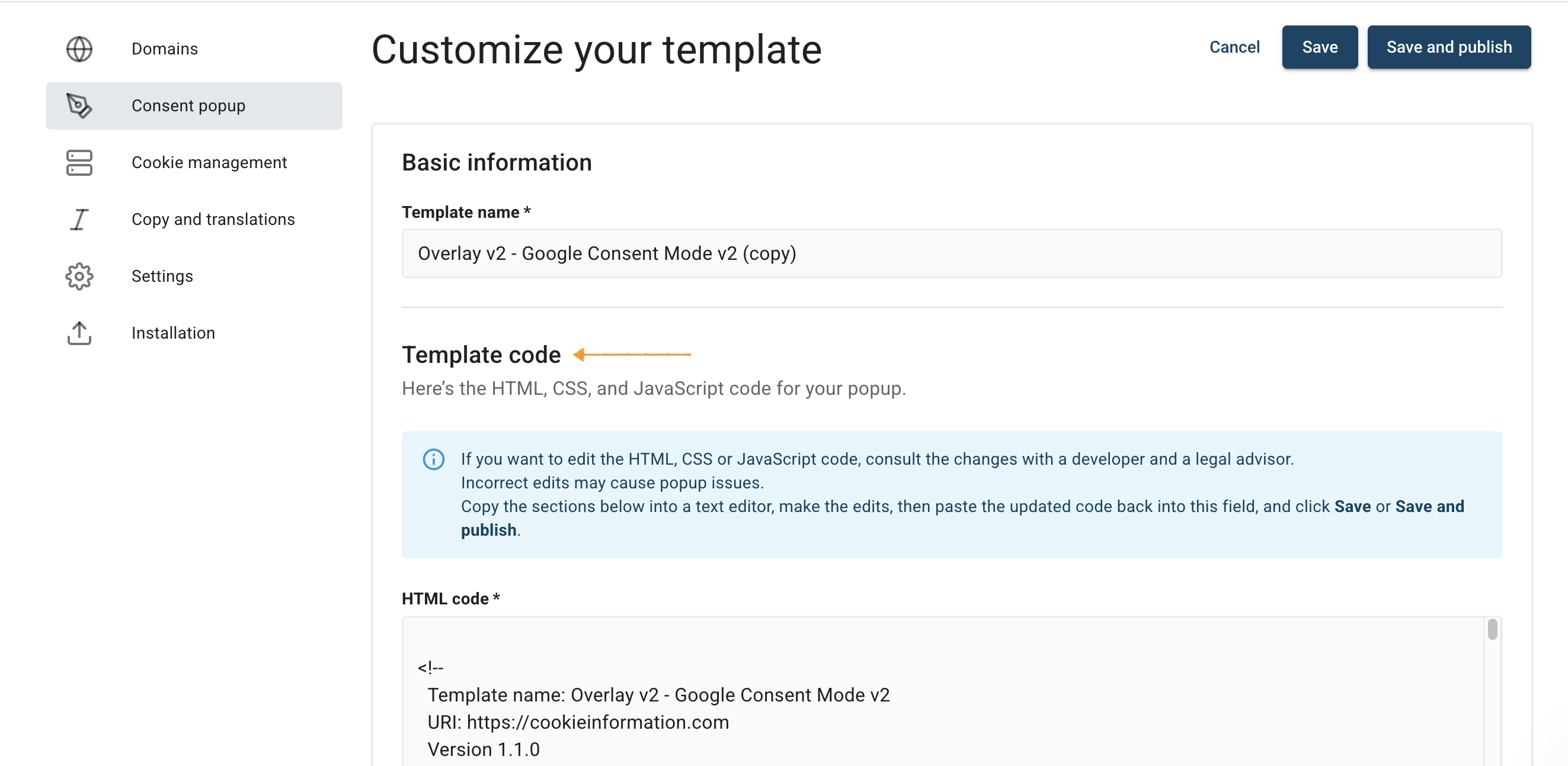 customize your template in Cookie Information