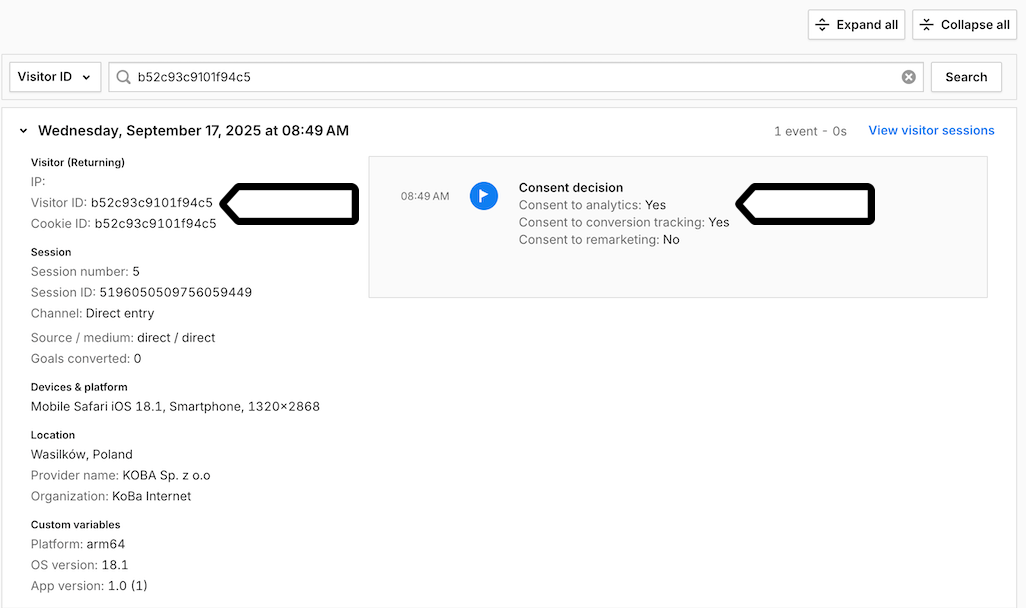 Consent decisions in session log in Piwik PRO