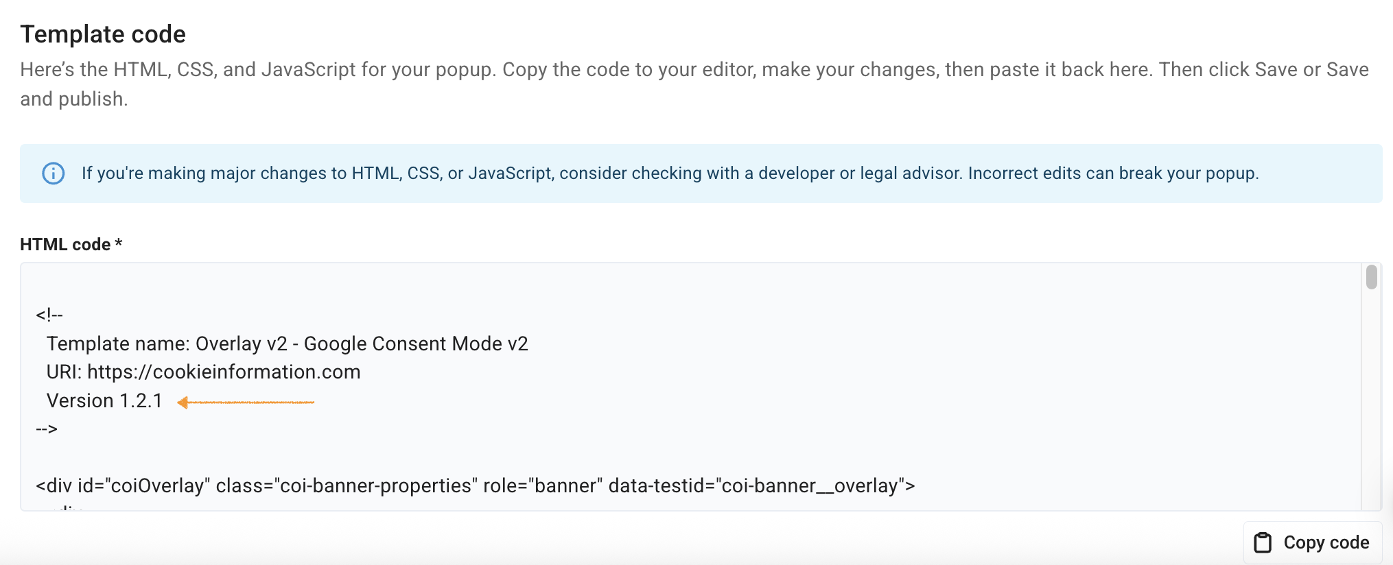 checking the new template version in Cookie Information