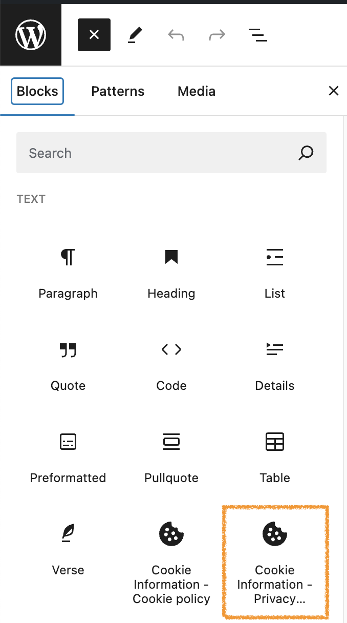 Choose Cookie Information Gutenberg block for privacy controls