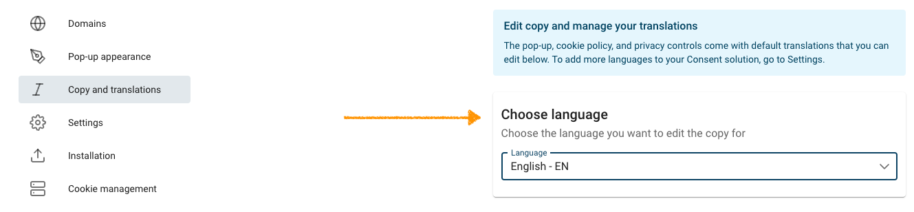 choose language of cookie category in Cookie Information