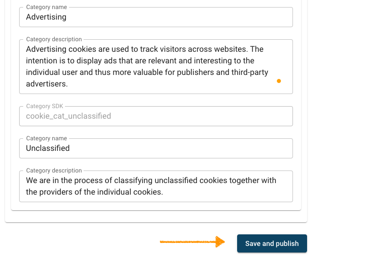 save changes in cookie categories in Cookie Information