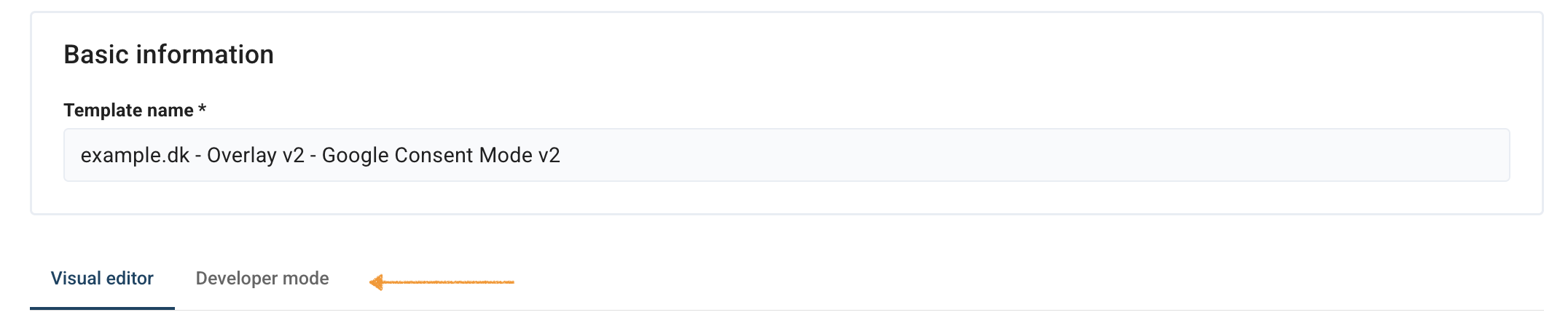 Visual editor and developer mode tabs in Cookie Information