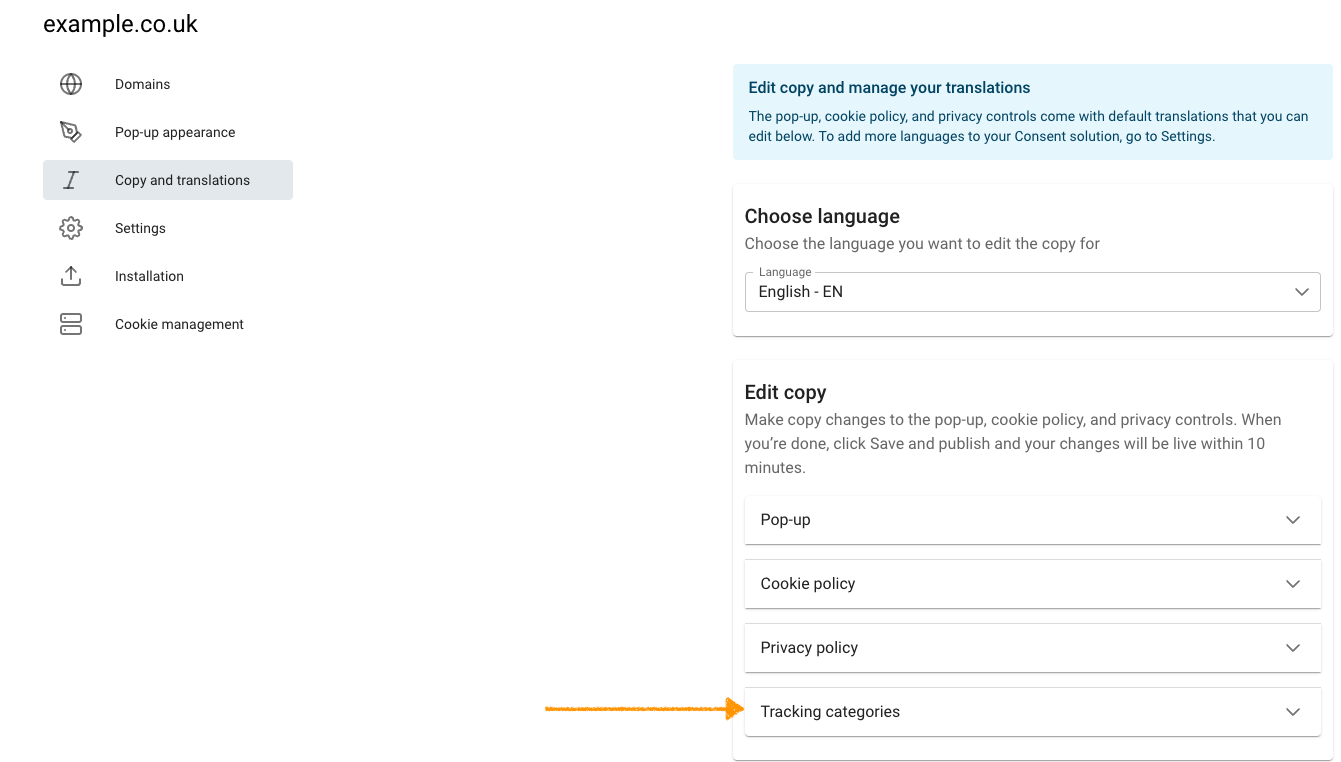 Change the name of cookie category in Cookie Information