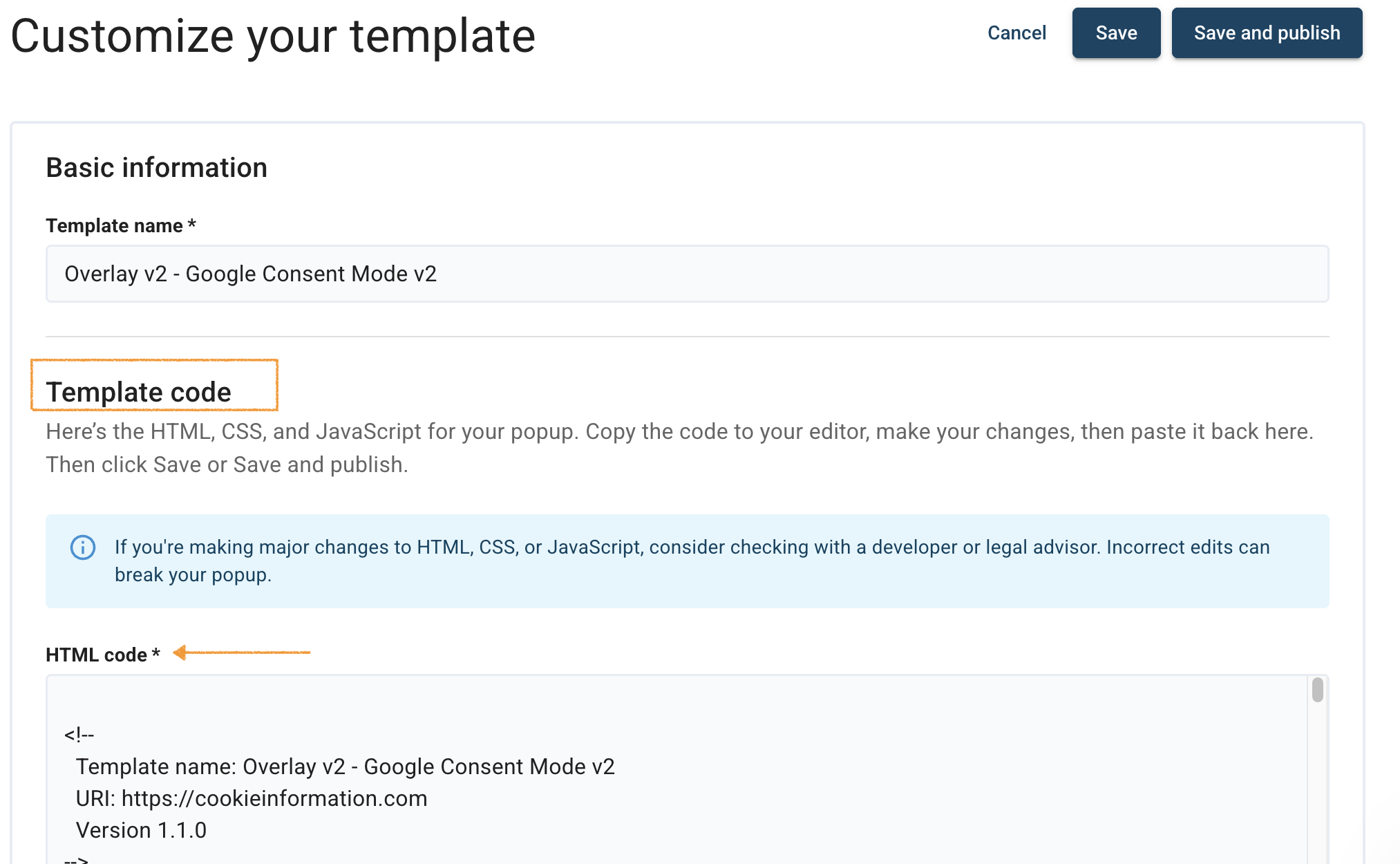 HTML code in Cookie Information template
