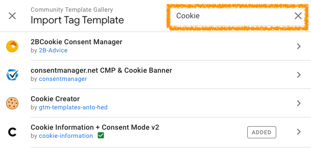 search for Cookie Information tag template