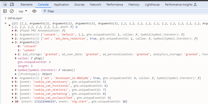 Check consent states if granted in dataLayer in browser's Console
