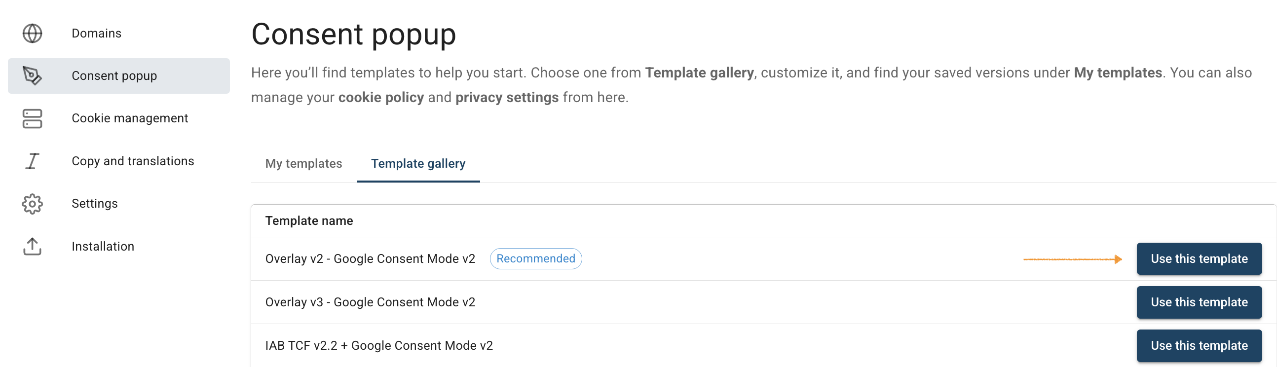 Choosing a templater from the Template gallery in Cookie Information