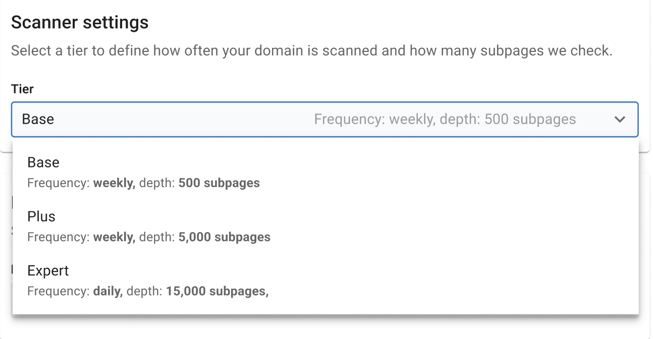 Scanner settings in Cookie Information