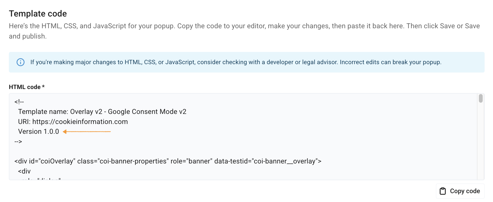 old template version in consent popup template code