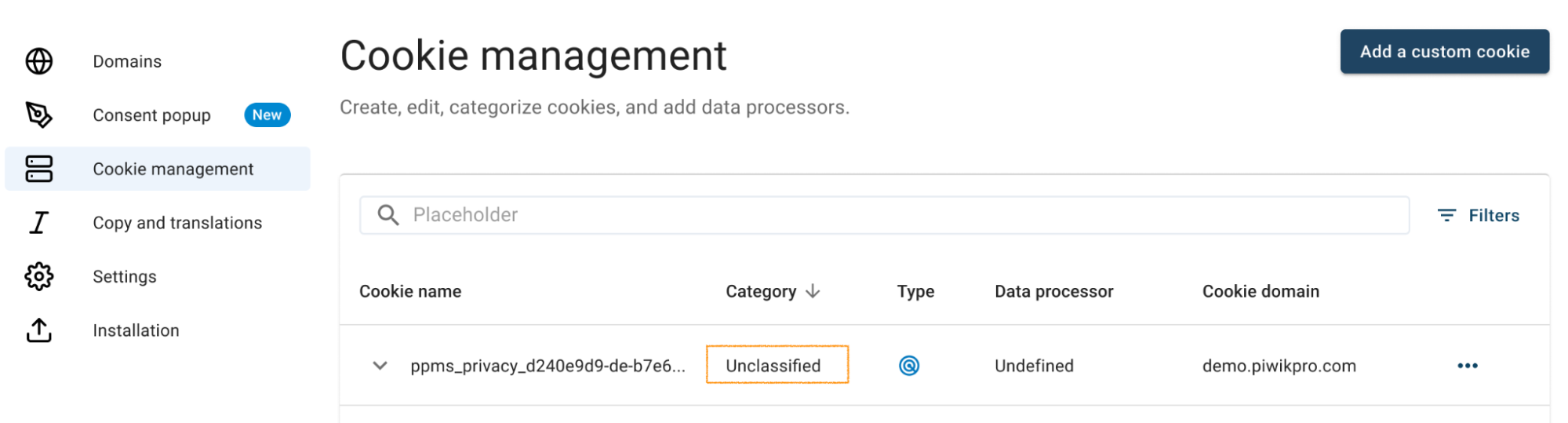 find unclassified cookie in Cookie Information