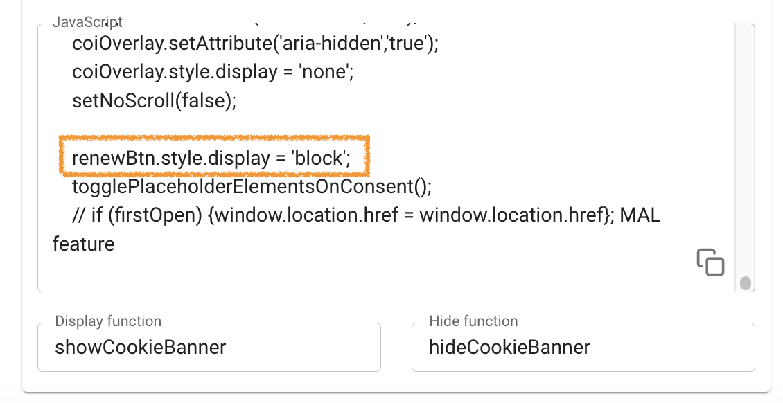 Change the code line in JS field in Cookie Information