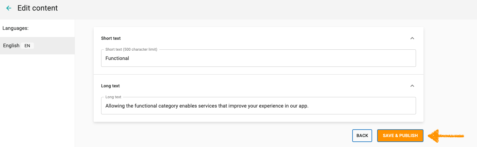 edit short and long texts of a consent item in Cookie Information