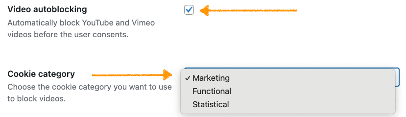 Turn on video auto-blocking and choose the cookie category you want to use to block videos.