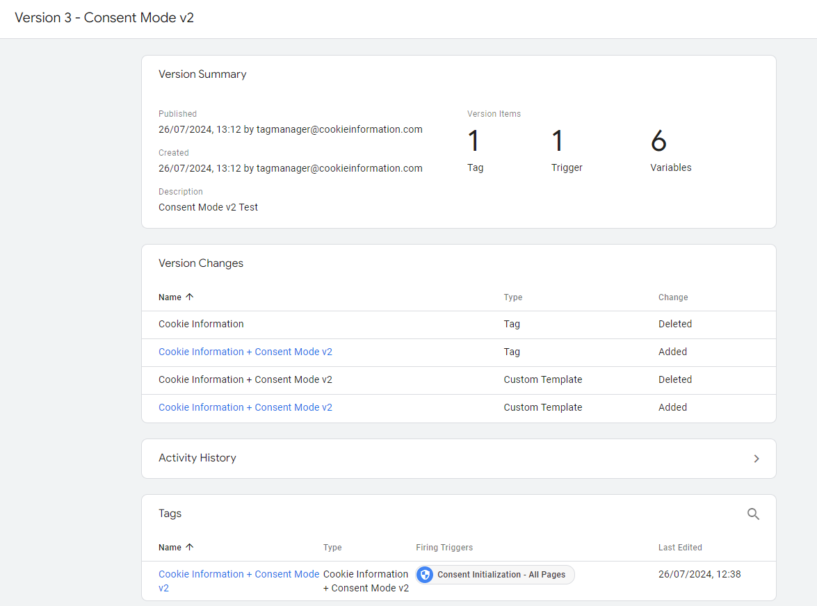  Version Summary of the changes to your container