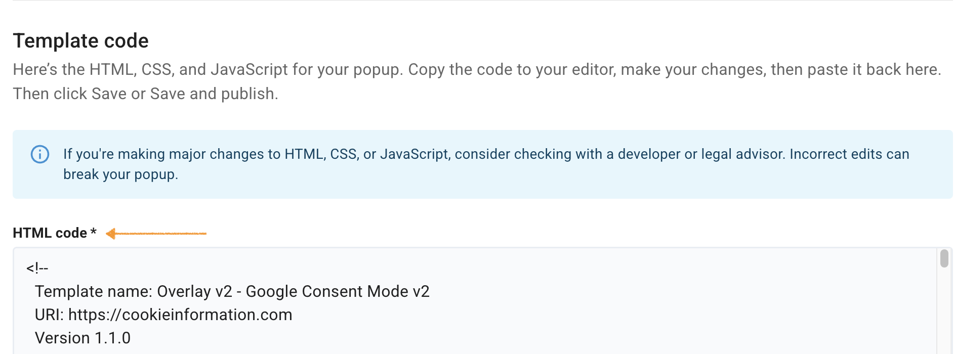 Template code in Cookie Infromation