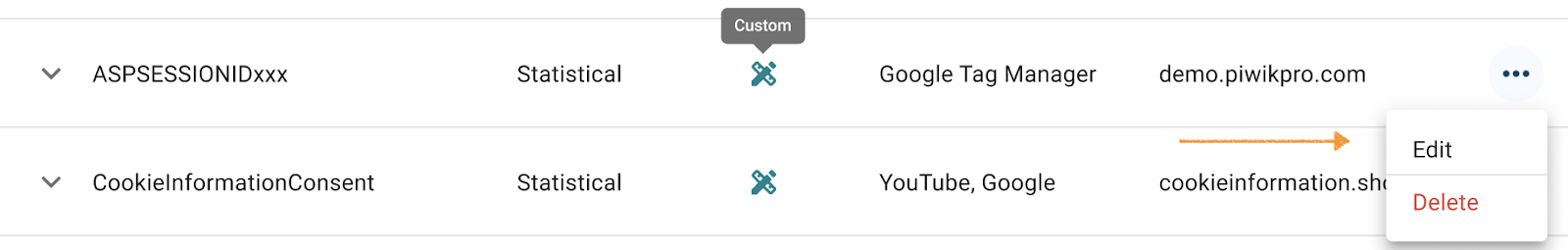 Edit a custom cookie in Cookie Information