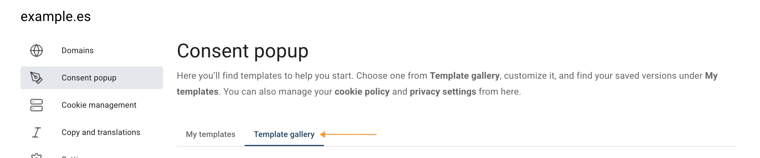 Template gallery in Cookie Information 
