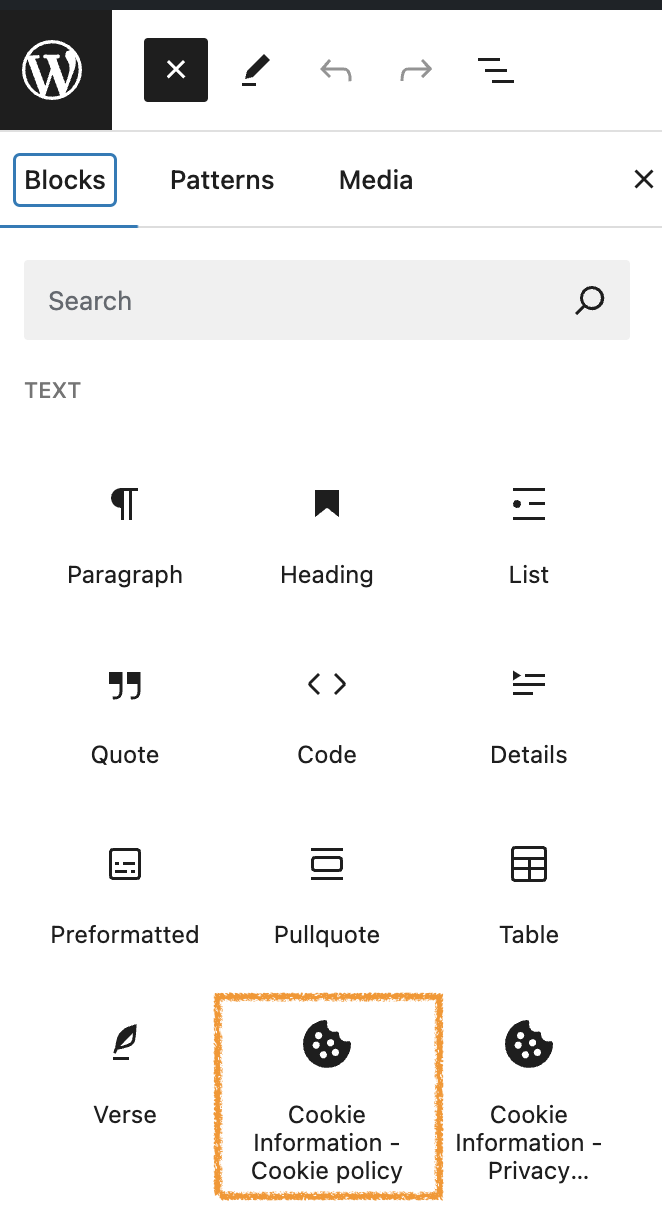 Add Cookie Information Gutenberg block in WordPress