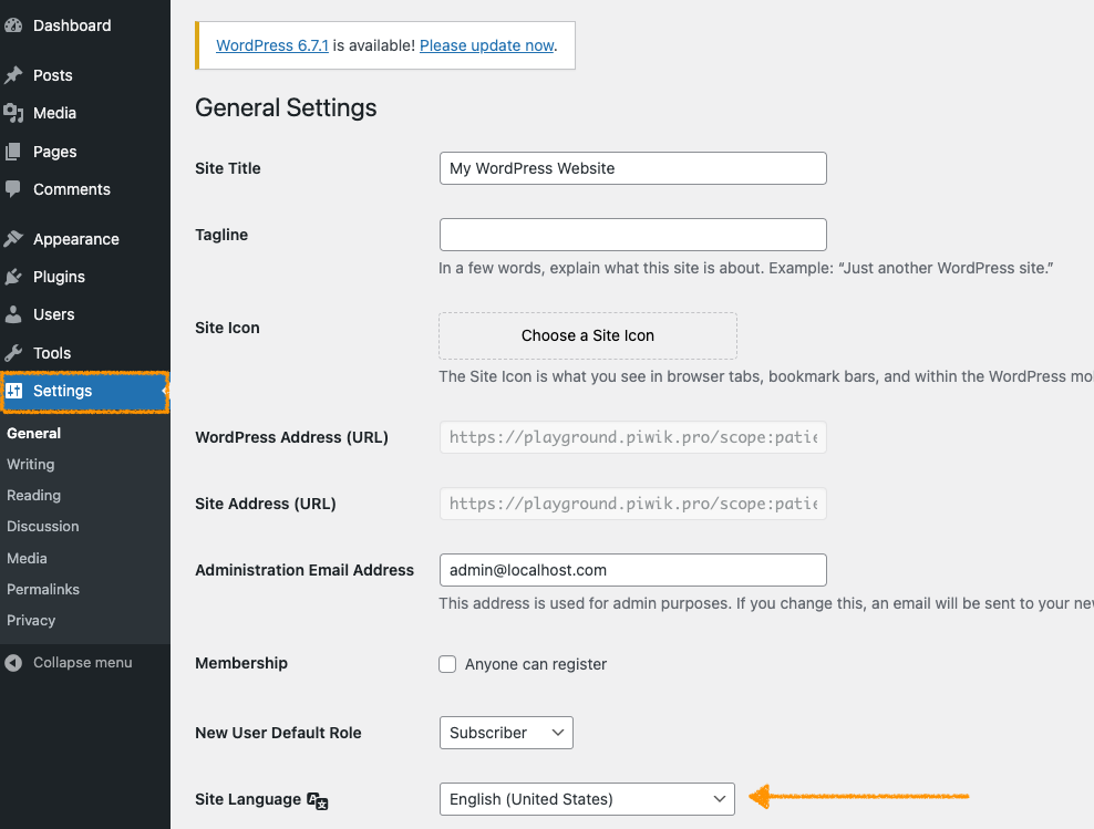 Setting up site language for Cookie Information account in WordPress 