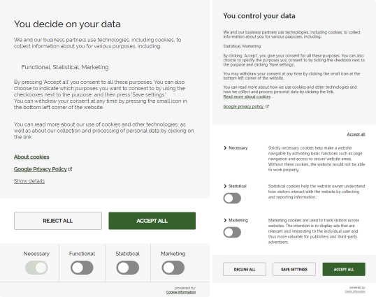 Cookie consent banner templates in Cookie Information