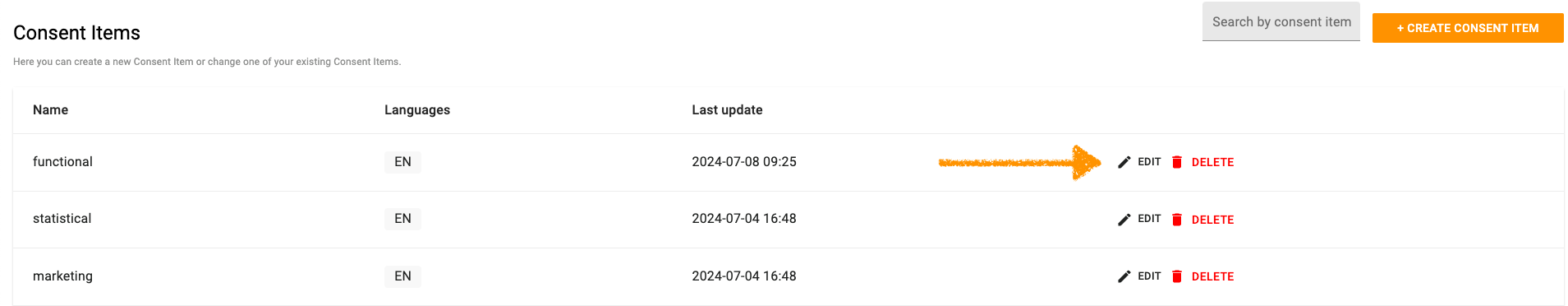 choose a consent item you want to change in Cookie Information