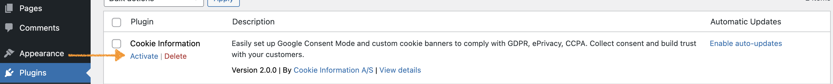 activate Cookie Information plugin in WordPress