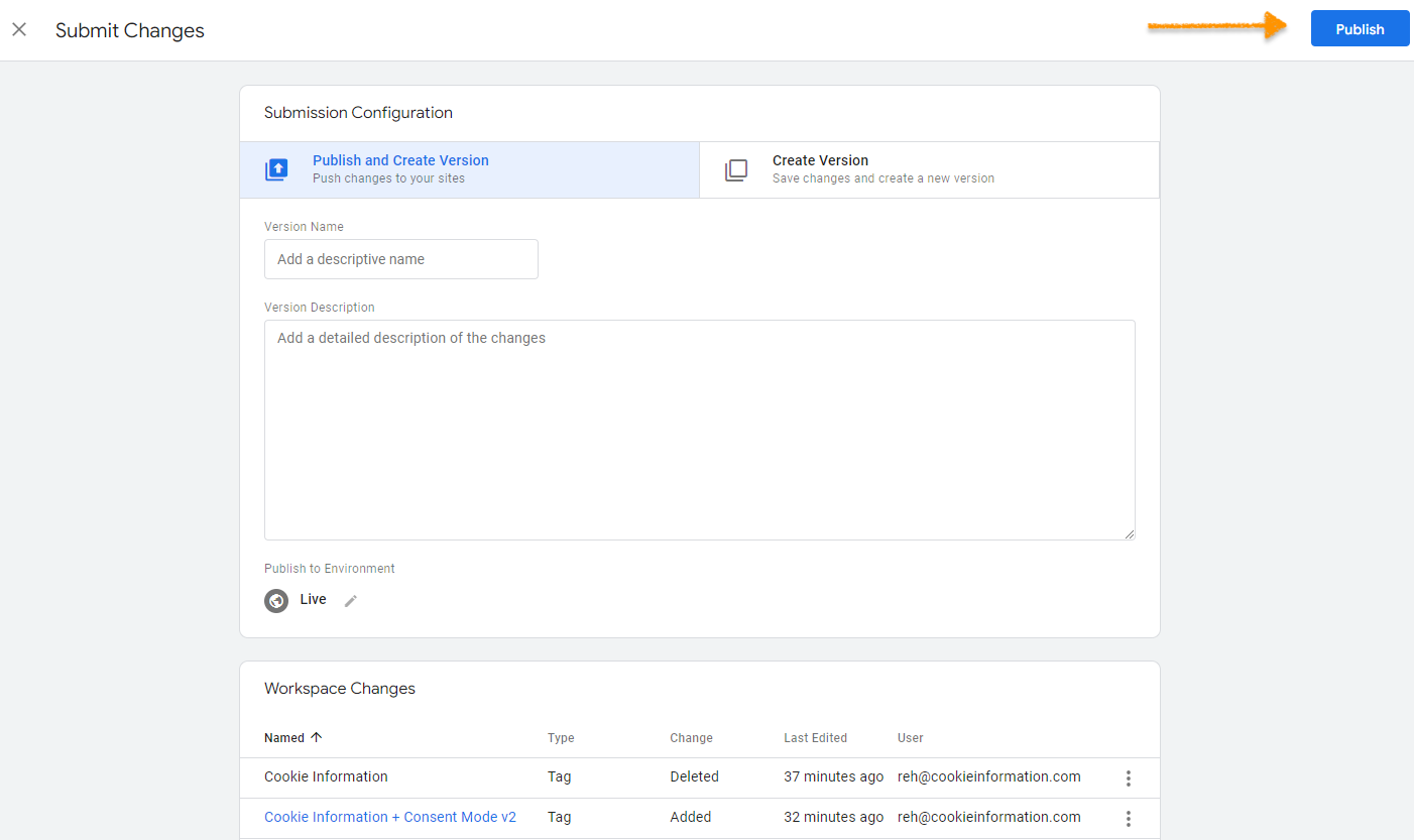 publish your conmtainter in tag manager