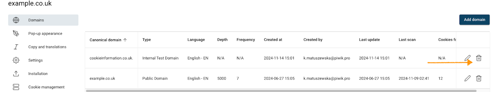 Delete a domain in Cookie Information