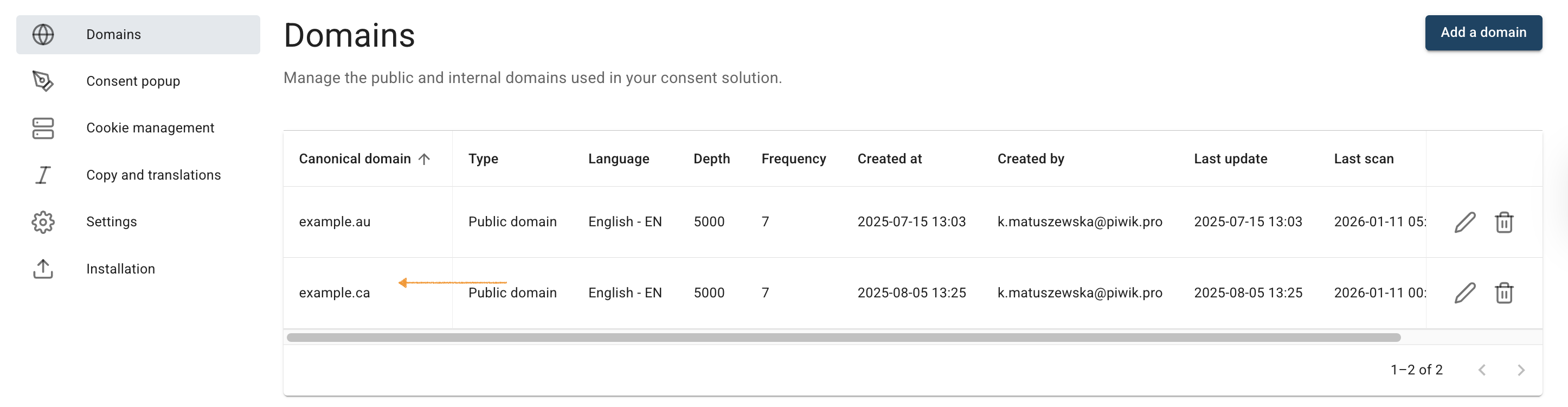 Find a domain to delete