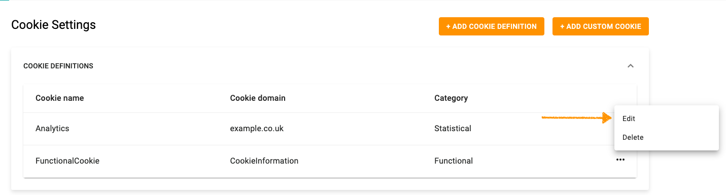 Edit cookie definition in Cookie Information