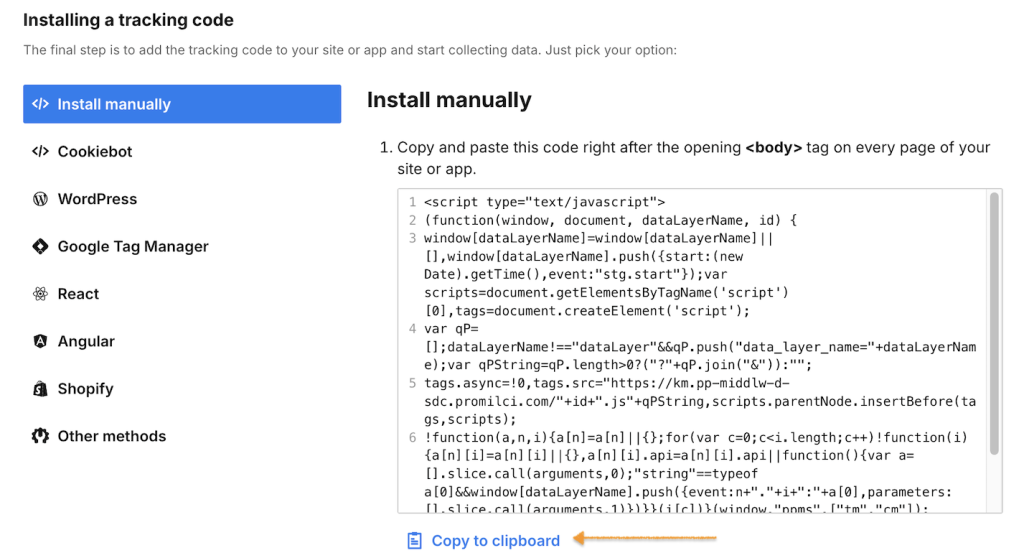 Installing Piwik PRO tracking code