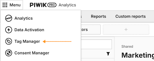 Tag Manager in Piwik PRO menu