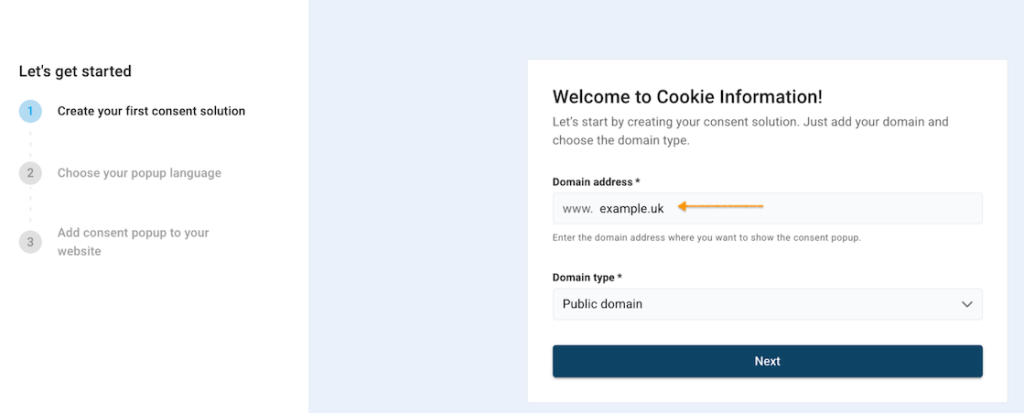 Setting up a domain in Cookie Information onboarding