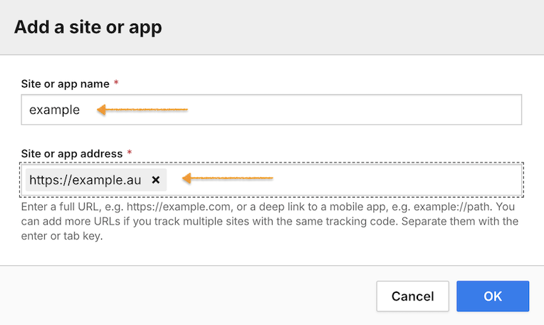 add a site or app modal in Piwik PRO