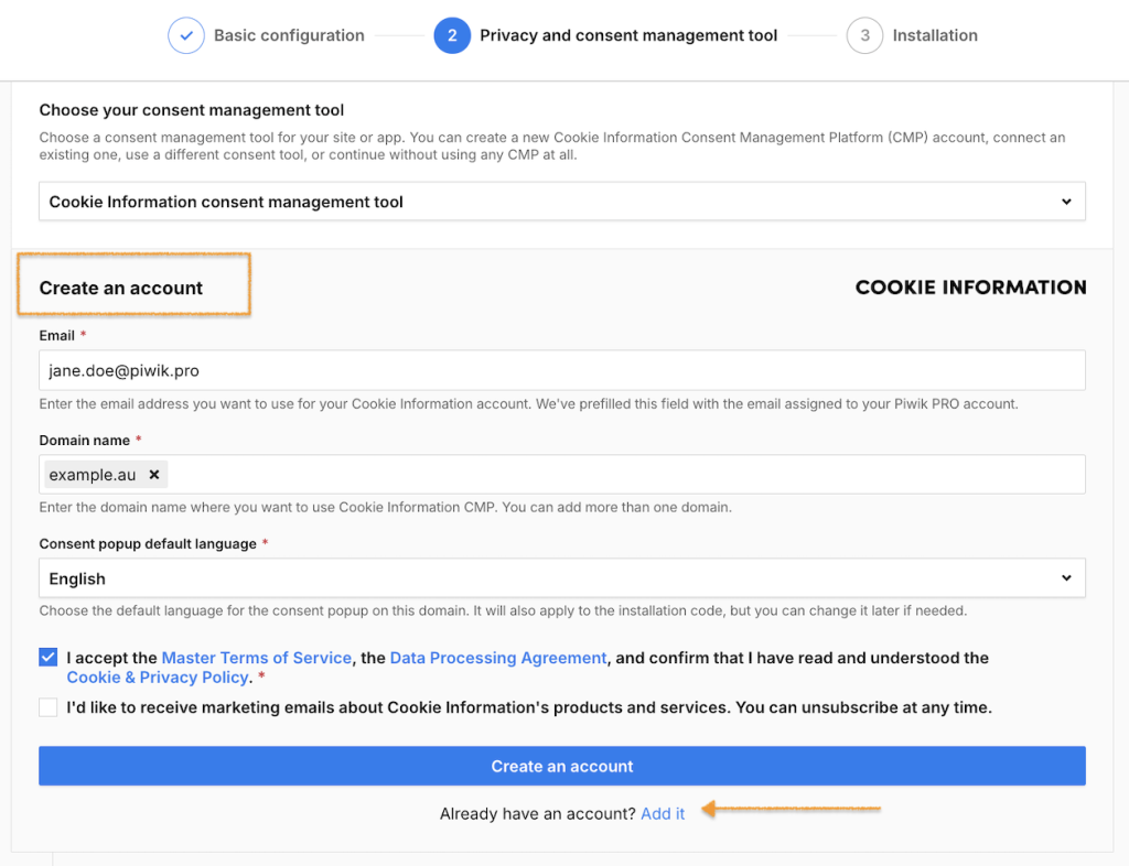 connect your CI account with Piwik PRO