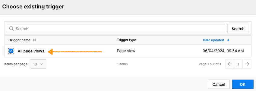 Selecting a tag trigger in Piwik PRO Tag Manager
