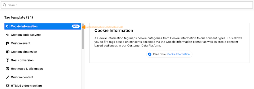 Selecting Cookie Information tag in Piwik PRO Tag Manager