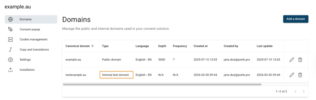 check the domain type in Cookie Information CMP
 